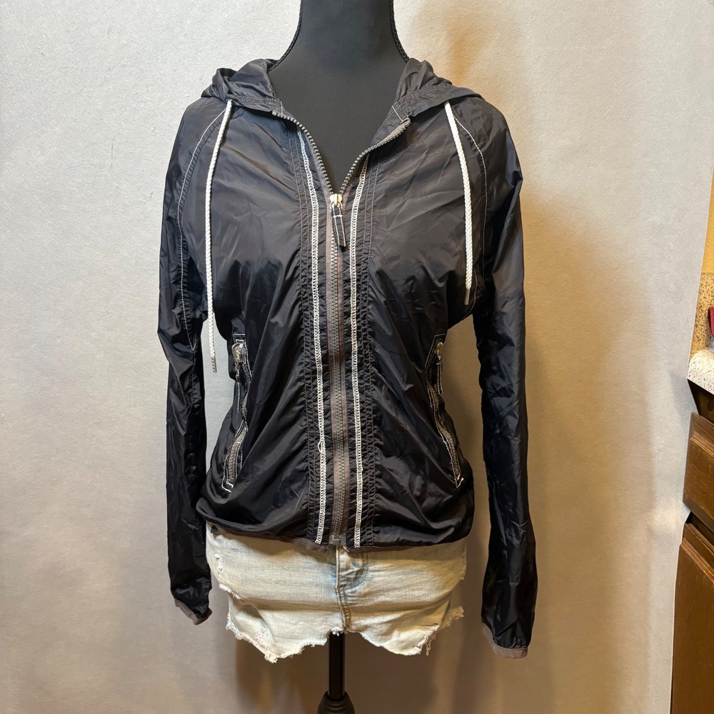 Diesel Womens Black Nylon Windbreaker Hooded Jacket Contrast Stitch Logo XS